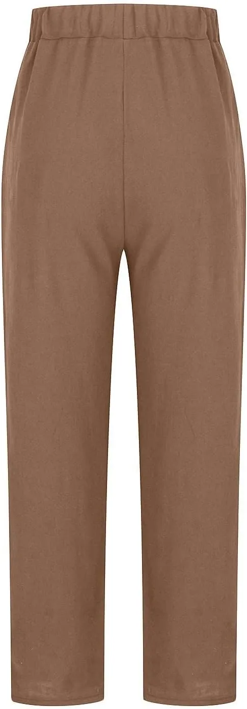 Womens Cotton Linen Capris Pants Plus Size Wide Leg Trousers with Pockets Casual Summer Beach Lounge Pants