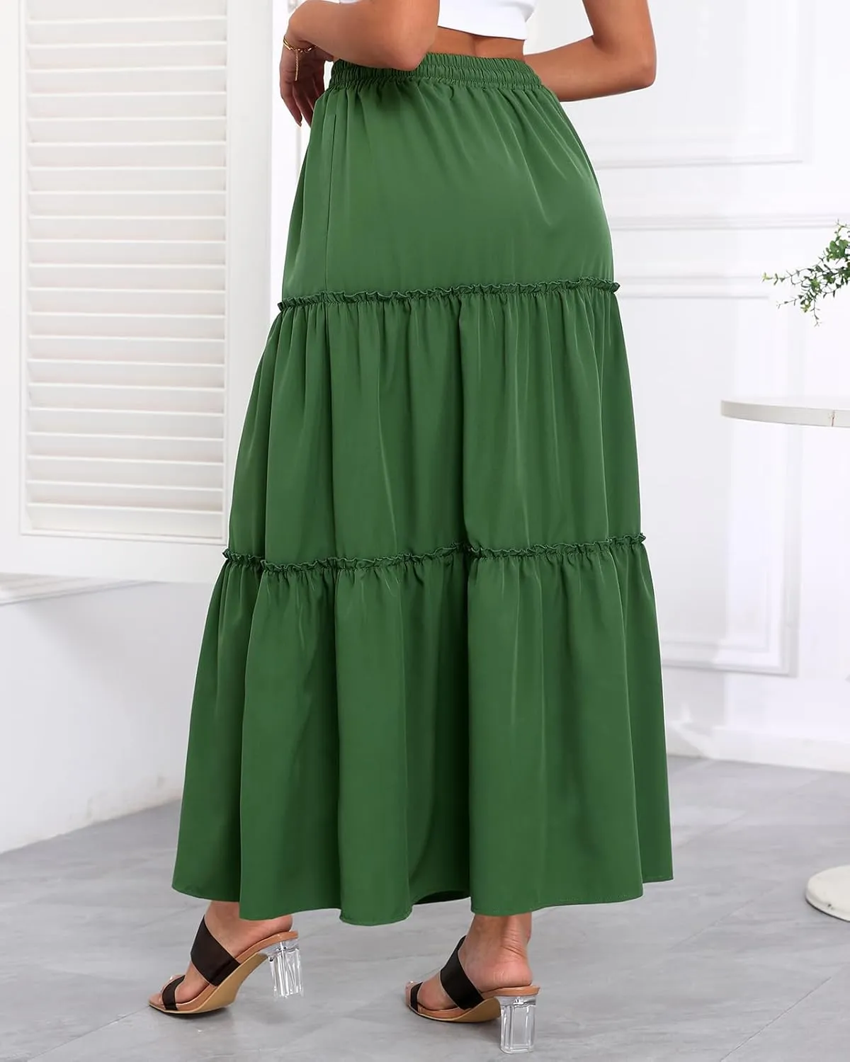 Women's Drawstring Elastic High Waisted Boho Floral Print Maxi Skirt Summer A-Line Flowy Long Skirts with Pockets