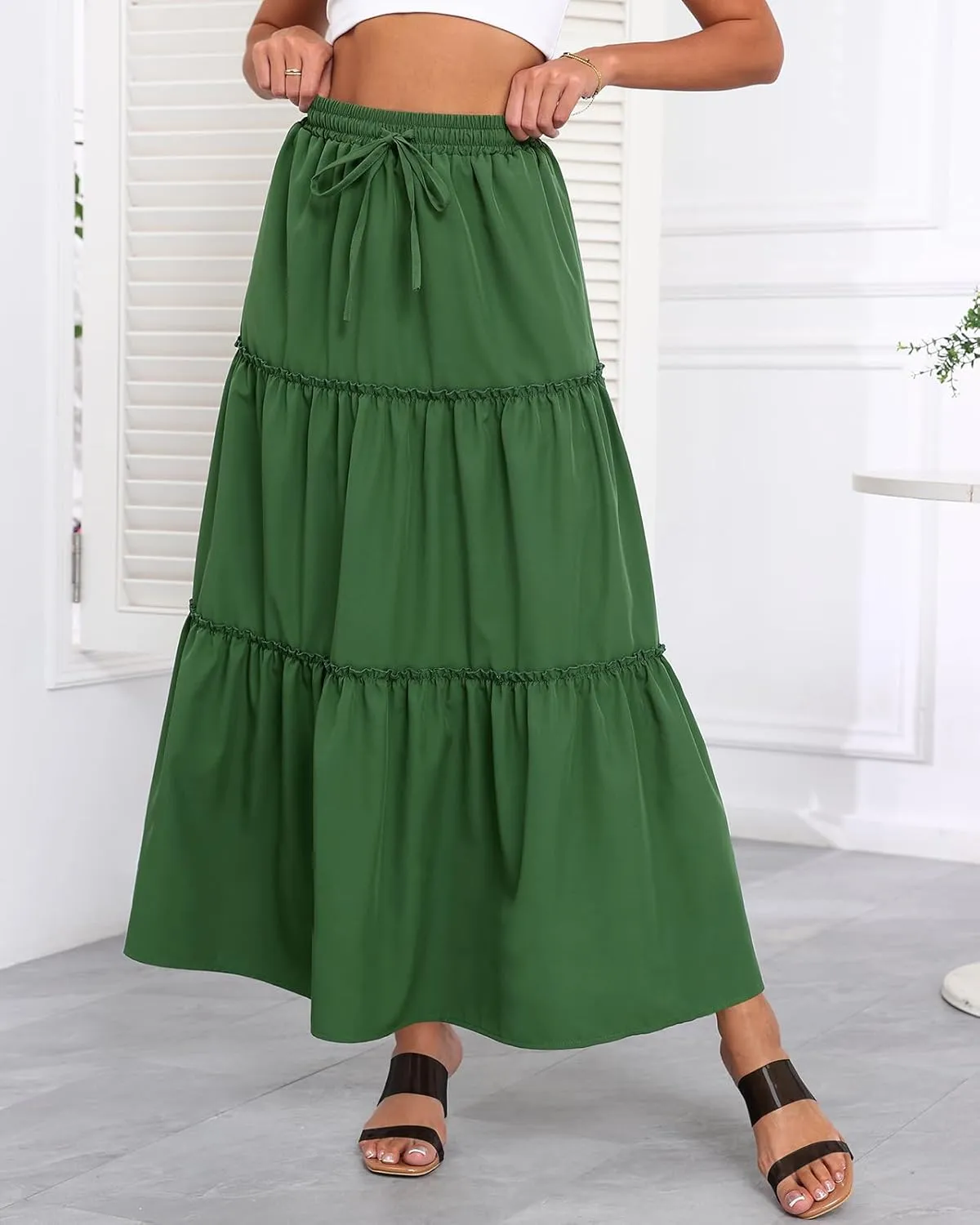 Women's Drawstring Elastic High Waisted Boho Floral Print Maxi Skirt Summer A-Line Flowy Long Skirts with Pockets
