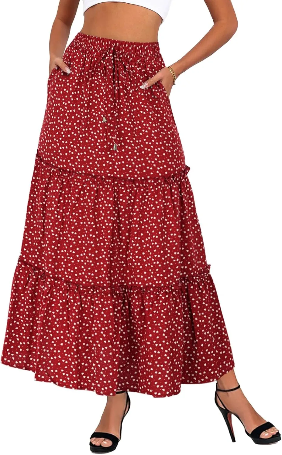 Women's Drawstring Elastic High Waisted Boho Floral Print Maxi Skirt Summer A-Line Flowy Long Skirts with Pockets