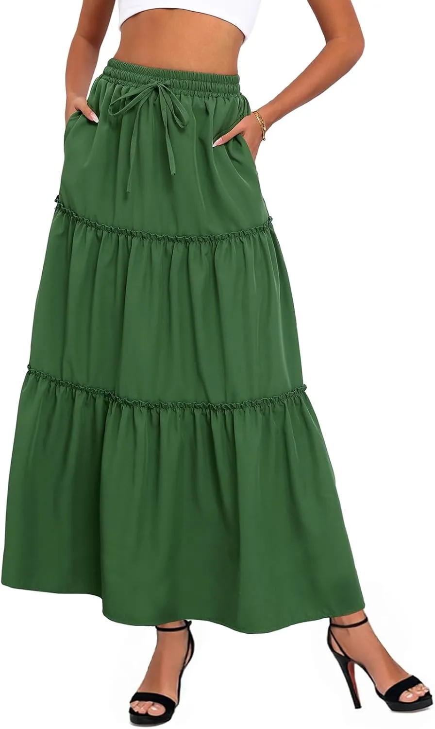 Women's Drawstring Elastic High Waisted Boho Floral Print Maxi Skirt Summer A-Line Flowy Long Skirts with Pockets