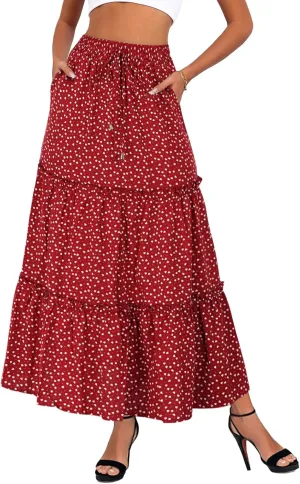 Women's Drawstring Elastic High Waisted Boho Floral Print Maxi Skirt Summer A-Line Flowy Long Skirts with Pockets