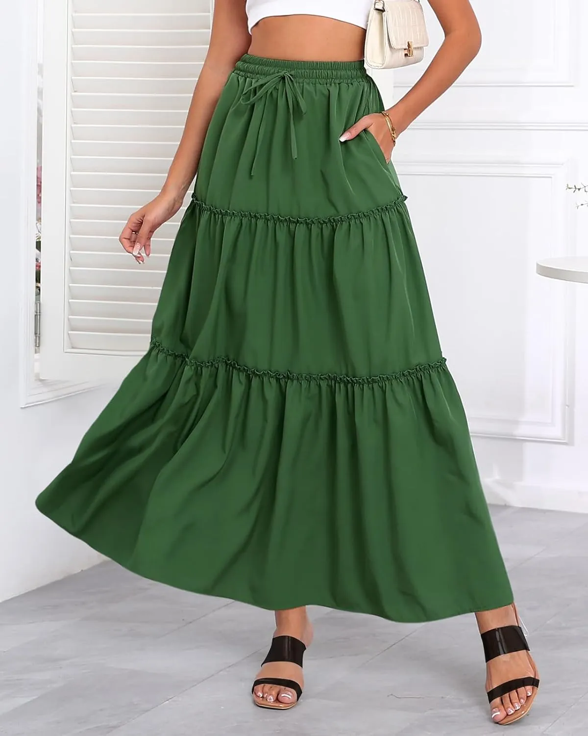 Women's Drawstring Elastic High Waisted Boho Floral Print Maxi Skirt Summer A-Line Flowy Long Skirts with Pockets