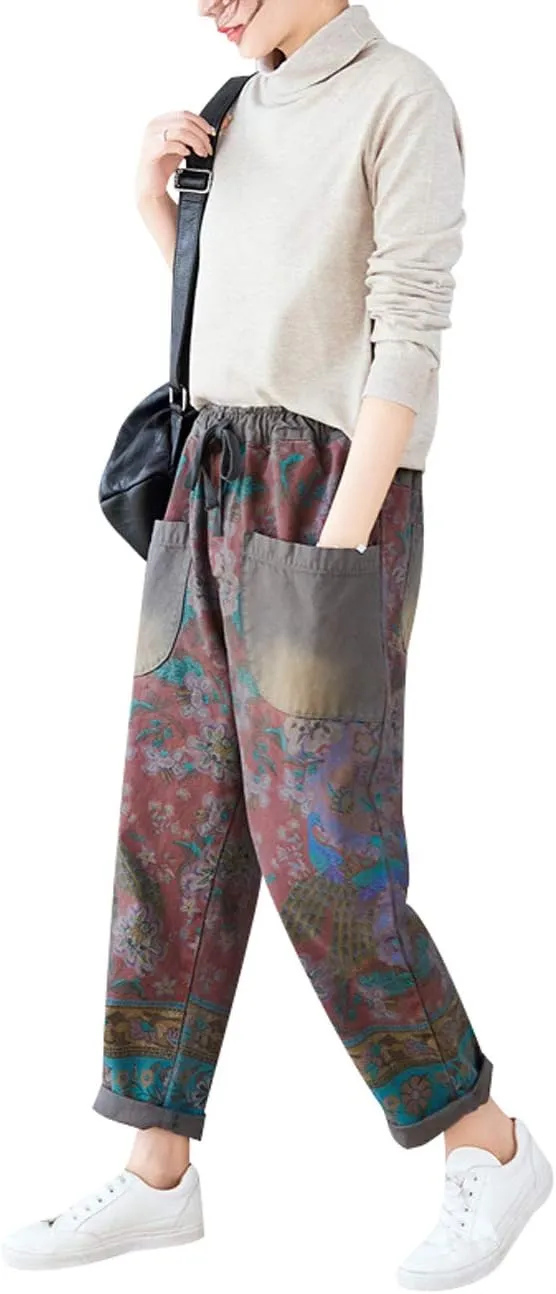 Women's Drawstring Pants Denim Jeans Harem Pants with Pockets