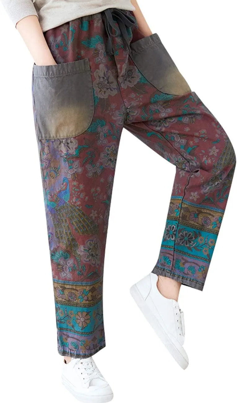 Women's Drawstring Pants Denim Jeans Harem Pants with Pockets