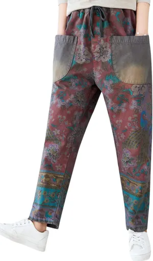 Women's Drawstring Pants Denim Jeans Harem Pants with Pockets