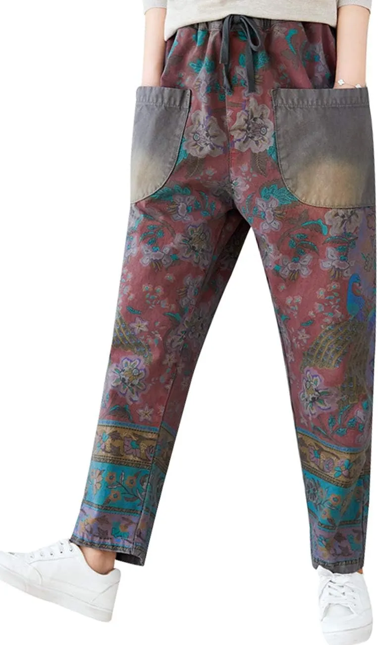 Women's Drawstring Pants Denim Jeans Harem Pants with Pockets
