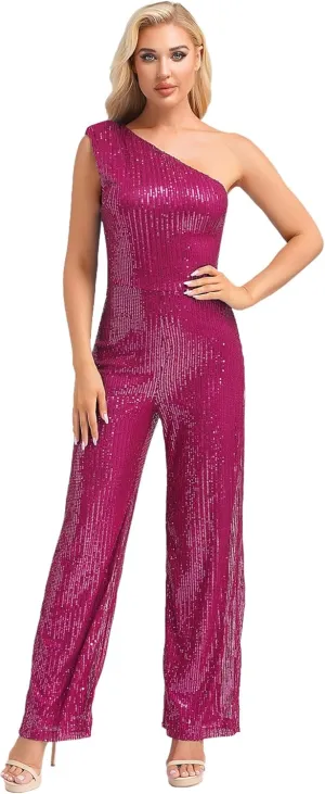 Womens Evening Sparkly Jumpsuit One Shoulder Party Sequin Romper High Waist Wide Leg Pants Suit