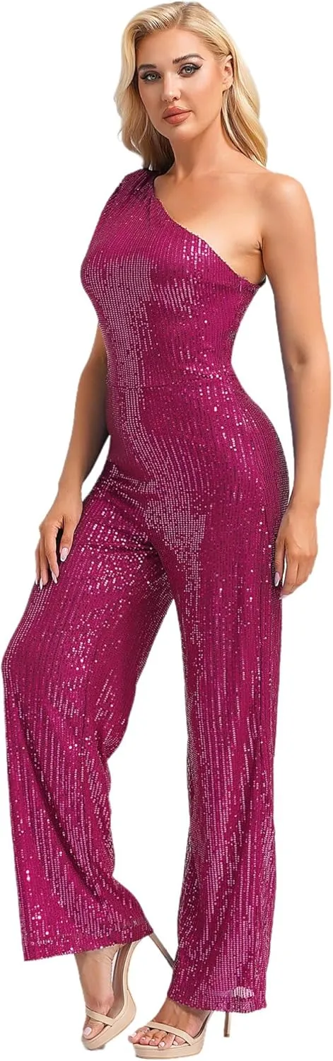 Womens Evening Sparkly Jumpsuit One Shoulder Party Sequin Romper High Waist Wide Leg Pants Suit
