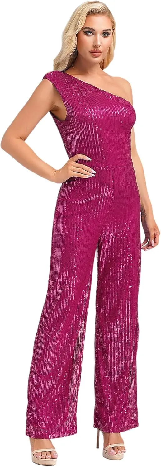 Womens Evening Sparkly Jumpsuit One Shoulder Party Sequin Romper High Waist Wide Leg Pants Suit