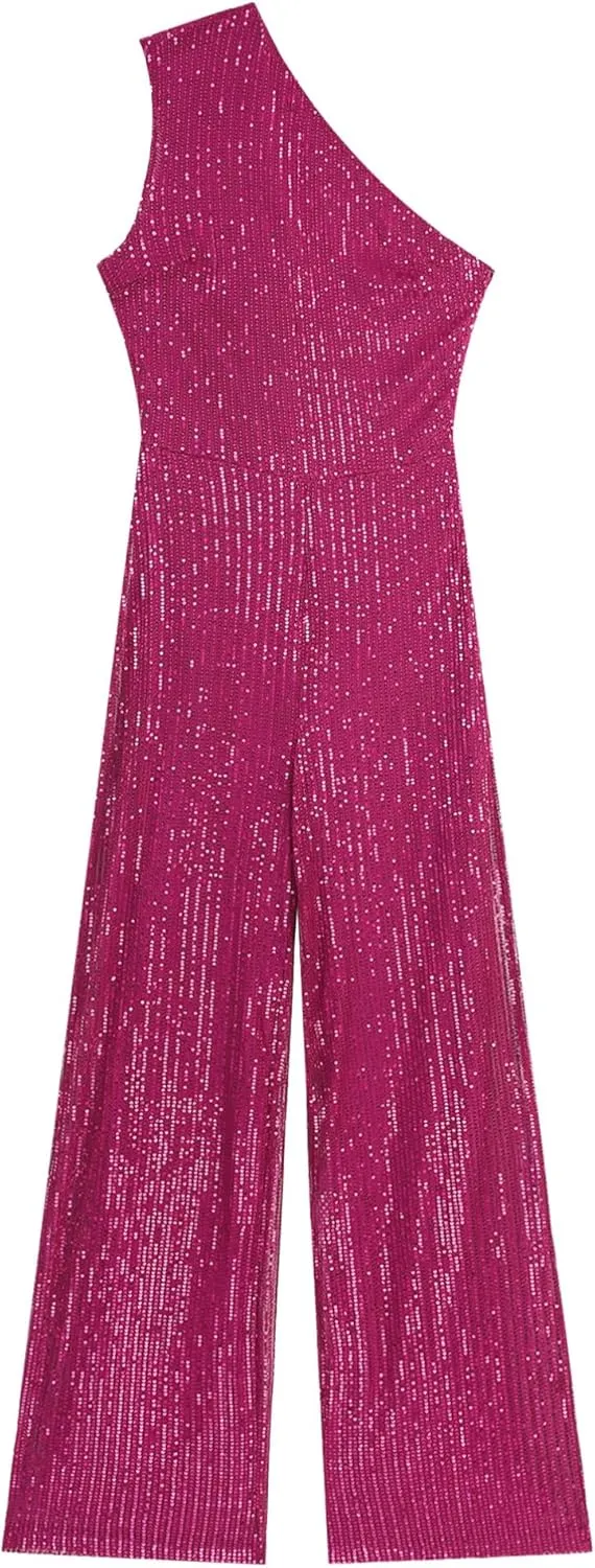 Womens Evening Sparkly Jumpsuit One Shoulder Party Sequin Romper High Waist Wide Leg Pants Suit