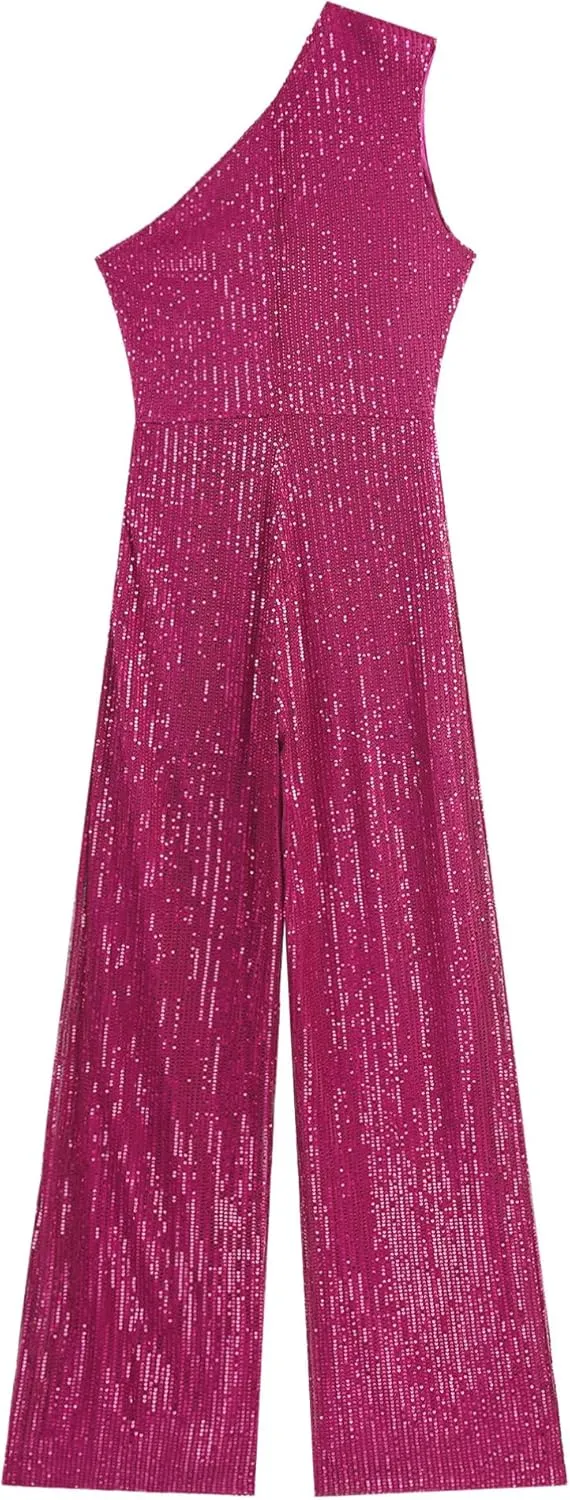Womens Evening Sparkly Jumpsuit One Shoulder Party Sequin Romper High Waist Wide Leg Pants Suit