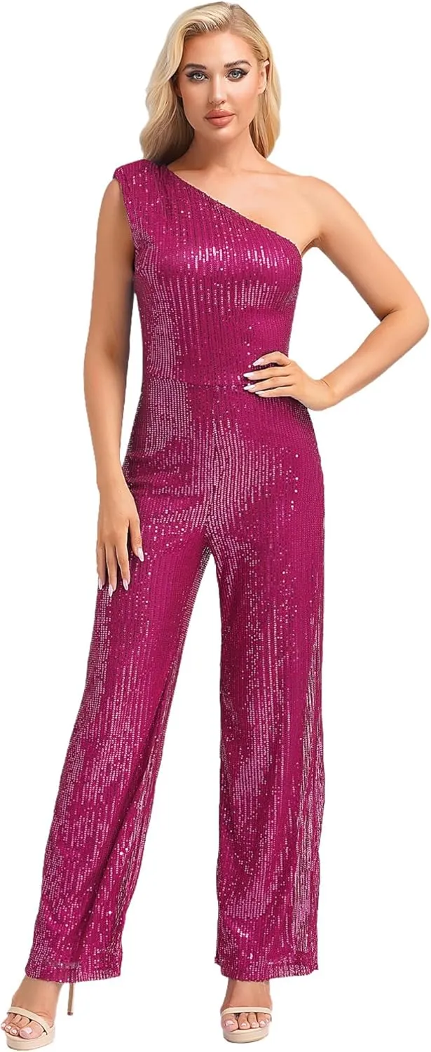 Womens Evening Sparkly Jumpsuit One Shoulder Party Sequin Romper High Waist Wide Leg Pants Suit