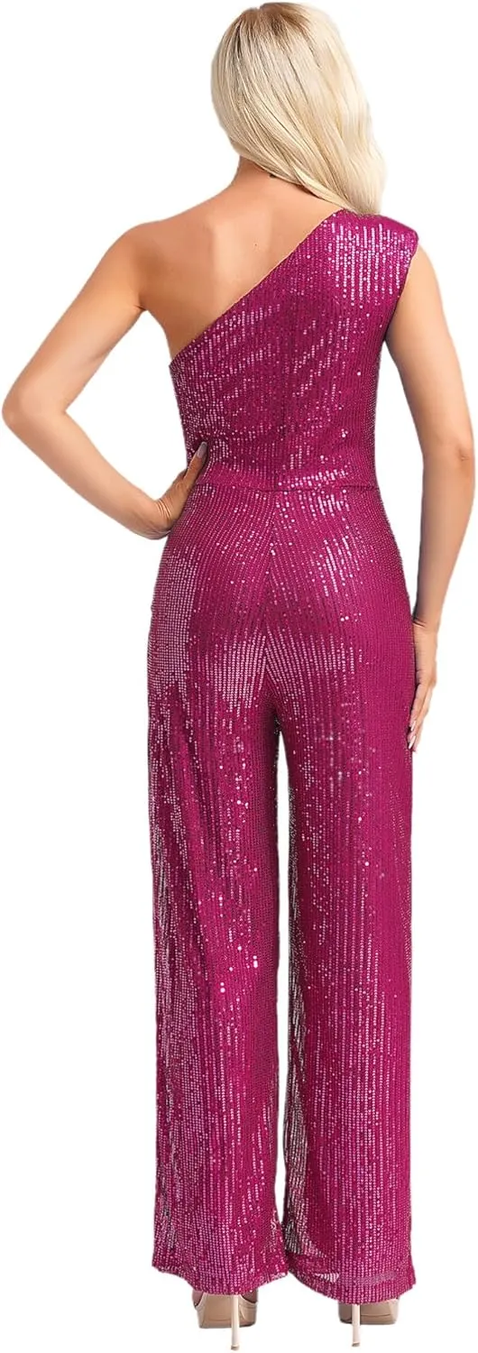 Womens Evening Sparkly Jumpsuit One Shoulder Party Sequin Romper High Waist Wide Leg Pants Suit