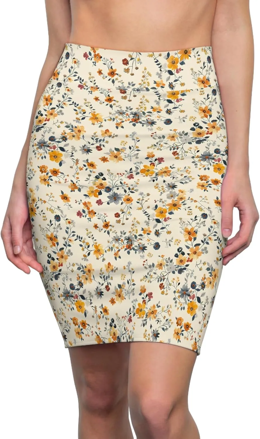 Women's Floral Pencil Skirt  Mid-Waist Knee-Length Bodycon  Cream with Autumn Flowers  Stretchy Polyester-Spandex Blend