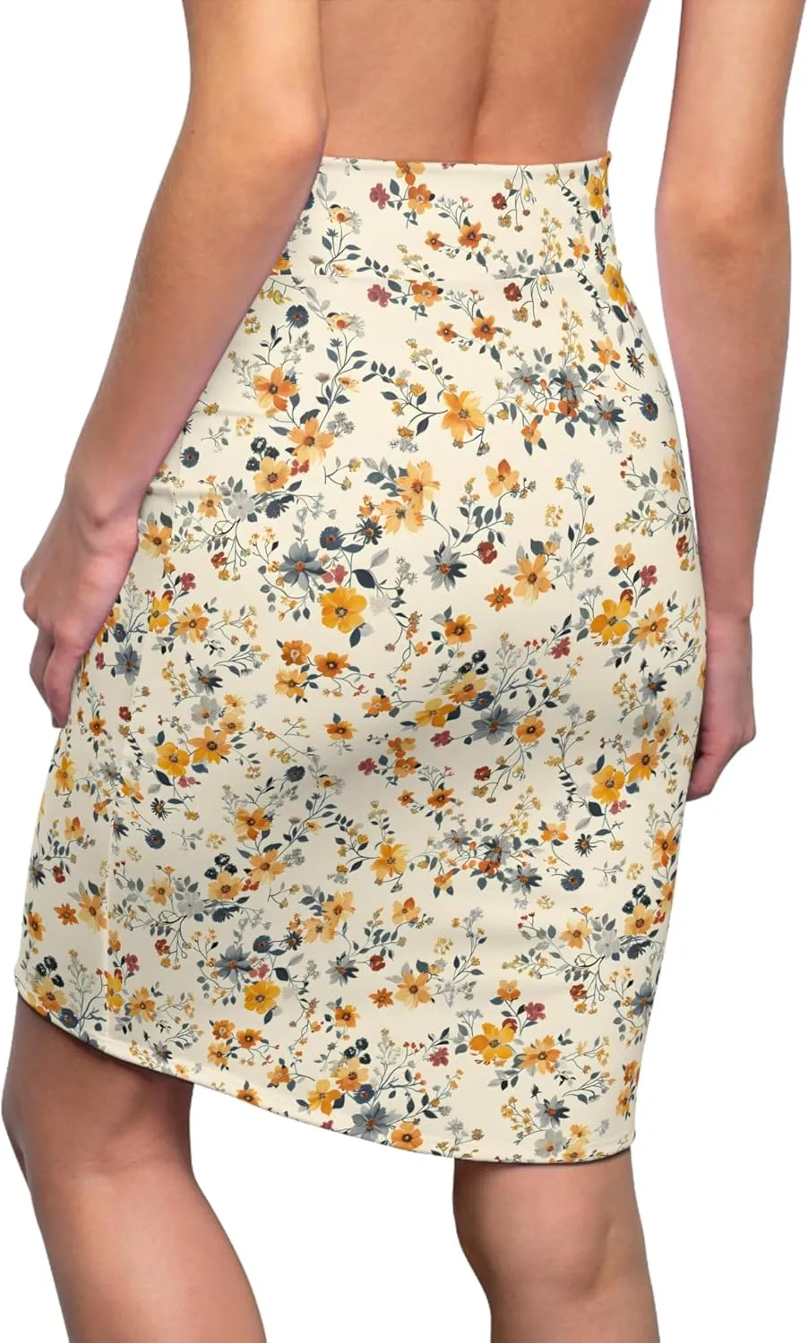 Women's Floral Pencil Skirt  Mid-Waist Knee-Length Bodycon  Cream with Autumn Flowers  Stretchy Polyester-Spandex Blend