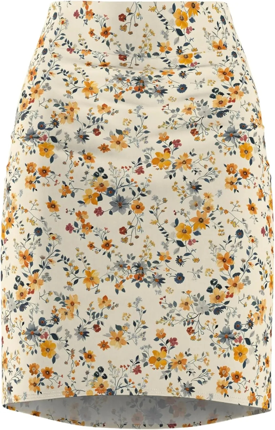 Women's Floral Pencil Skirt  Mid-Waist Knee-Length Bodycon  Cream with Autumn Flowers  Stretchy Polyester-Spandex Blend