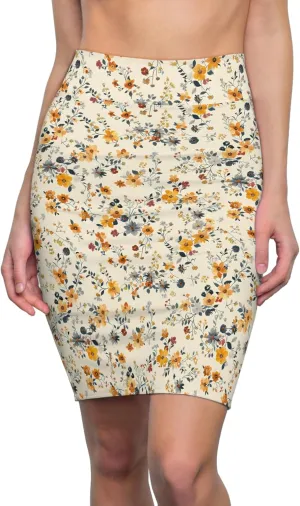 Women's Floral Pencil Skirt  Mid-Waist Knee-Length Bodycon  Cream with Autumn Flowers  Stretchy Polyester-Spandex Blend