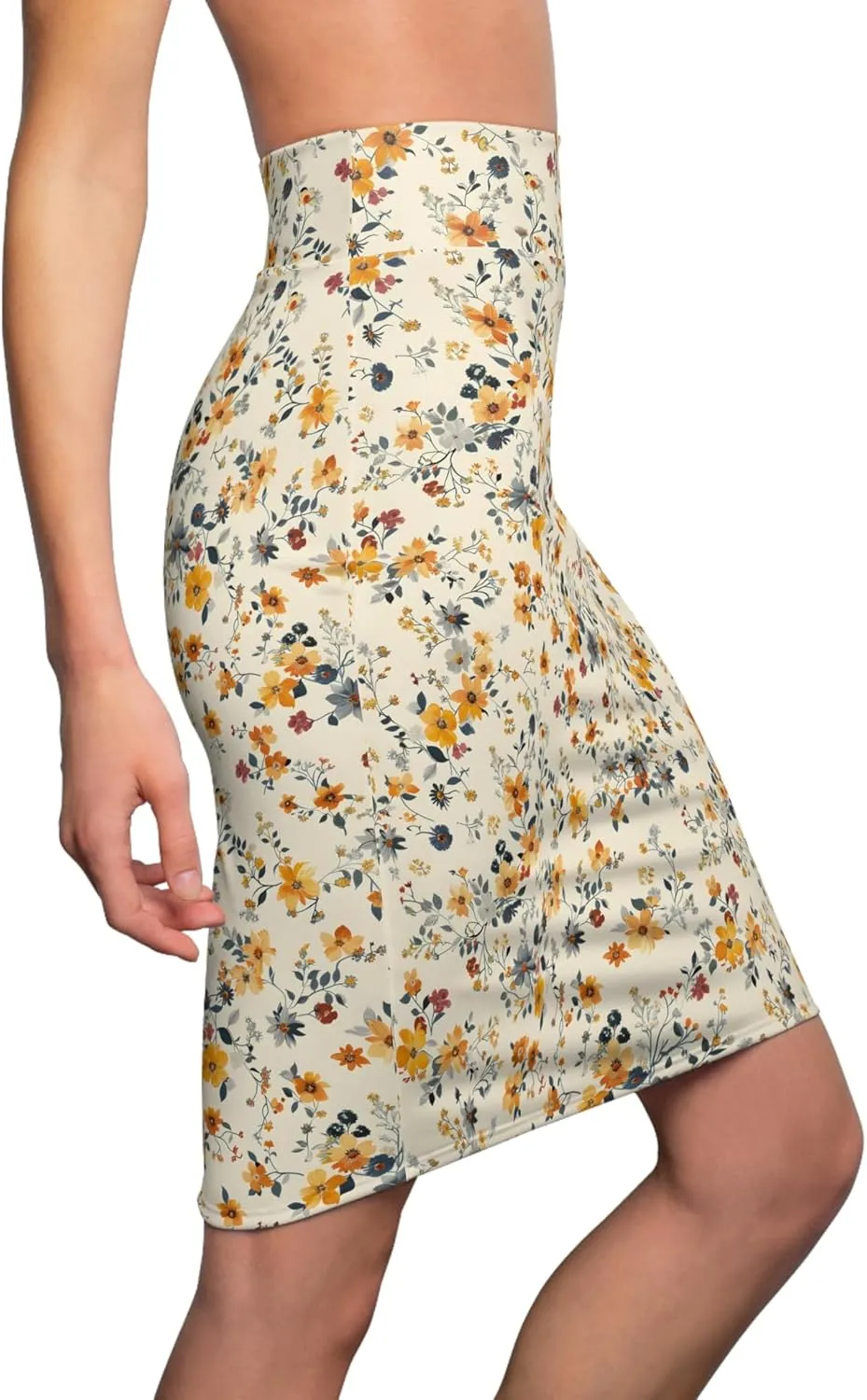Women's Floral Pencil Skirt  Mid-Waist Knee-Length Bodycon  Cream with Autumn Flowers  Stretchy Polyester-Spandex Blend