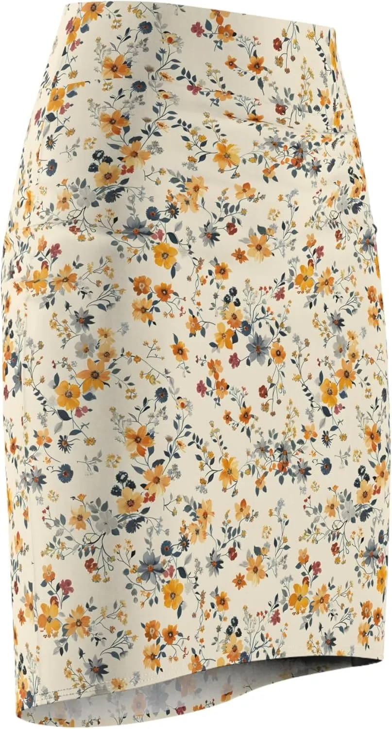 Women's Floral Pencil Skirt  Mid-Waist Knee-Length Bodycon  Cream with Autumn Flowers  Stretchy Polyester-Spandex Blend