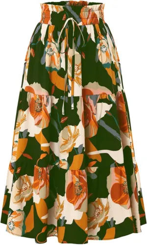 Women's Floral Print Midi Maxi Skirts 2025 Summer Casual Aline Elastic High Waist Pleated Flowy Long Skirt