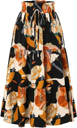 Women's Floral Print Midi Maxi Skirts 2025 Summer Casual Aline Elastic High Waist Pleated Flowy Long Skirt