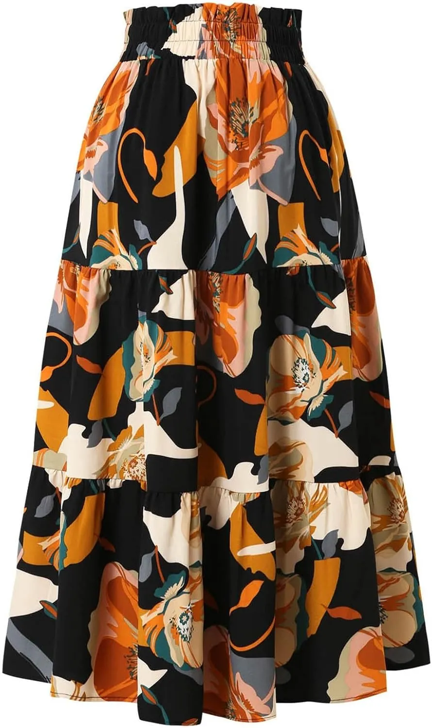 Women's Floral Print Midi Maxi Skirts 2025 Summer Casual Aline Elastic High Waist Pleated Flowy Long Skirt