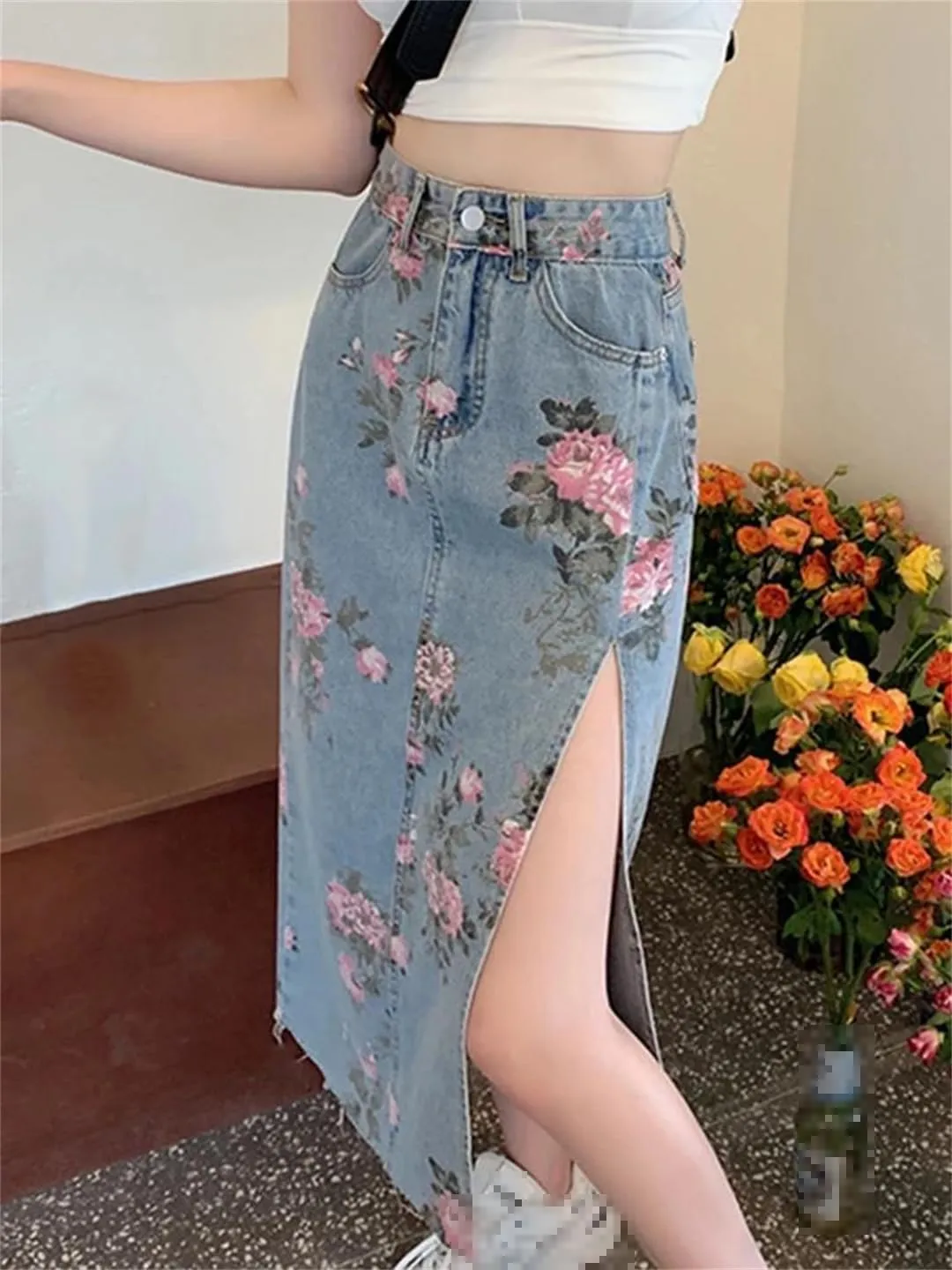 Women's Flower Print Side Slit Denim Skirts with Pockets High Waisted Slim Fit Casual Midi Jeans Skirt
