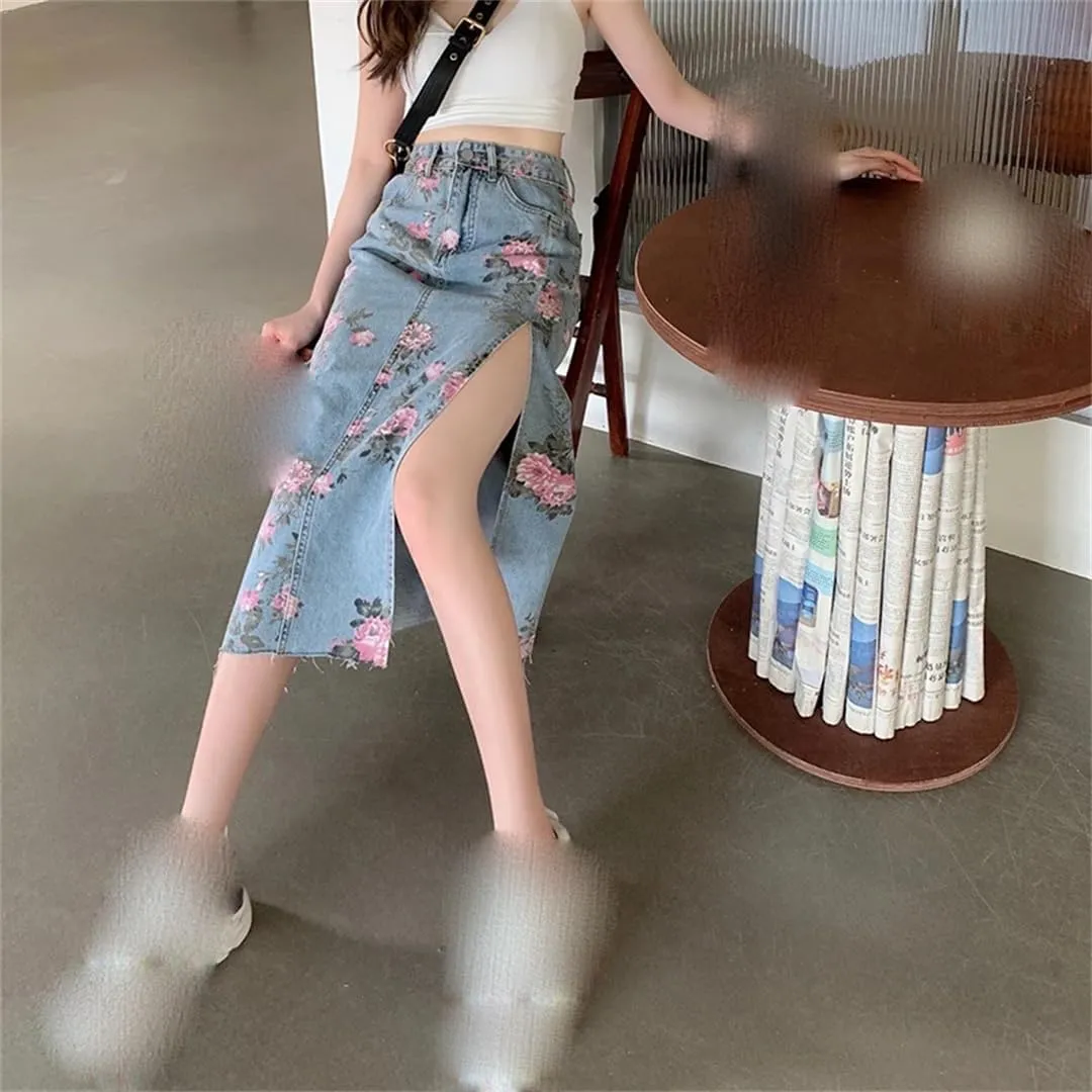 Women's Flower Print Side Slit Denim Skirts with Pockets High Waisted Slim Fit Casual Midi Jeans Skirt
