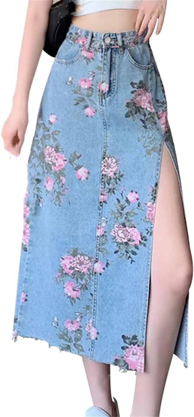 Women's Flower Print Side Slit Denim Skirts with Pockets High Waisted Slim Fit Casual Midi Jeans Skirt