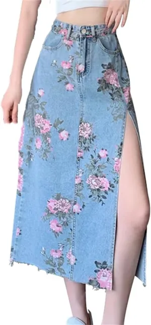 Women's Flower Print Side Slit Denim Skirts with Pockets High Waisted Slim Fit Casual Midi Jeans Skirt