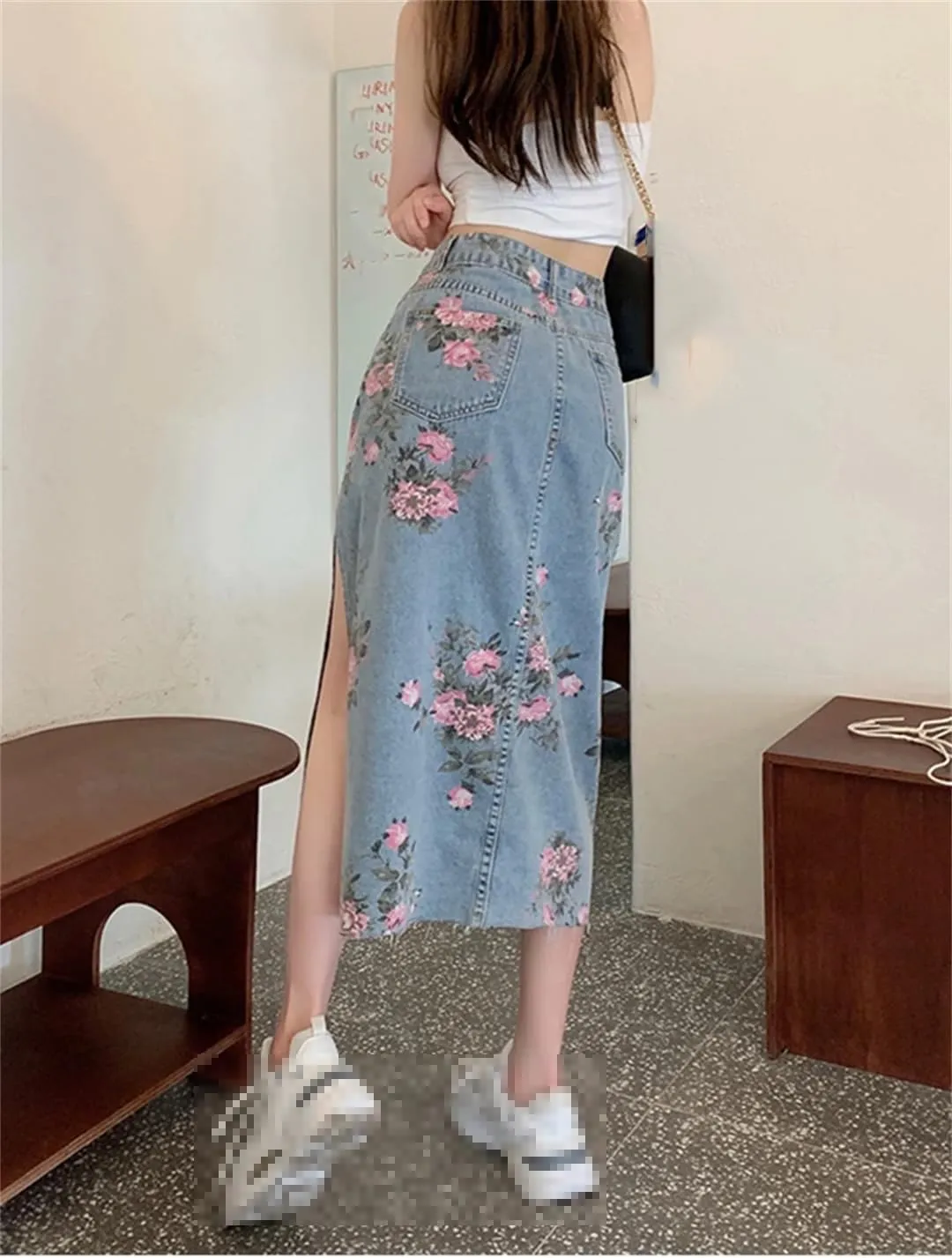 Women's Flower Print Side Slit Denim Skirts with Pockets High Waisted Slim Fit Casual Midi Jeans Skirt