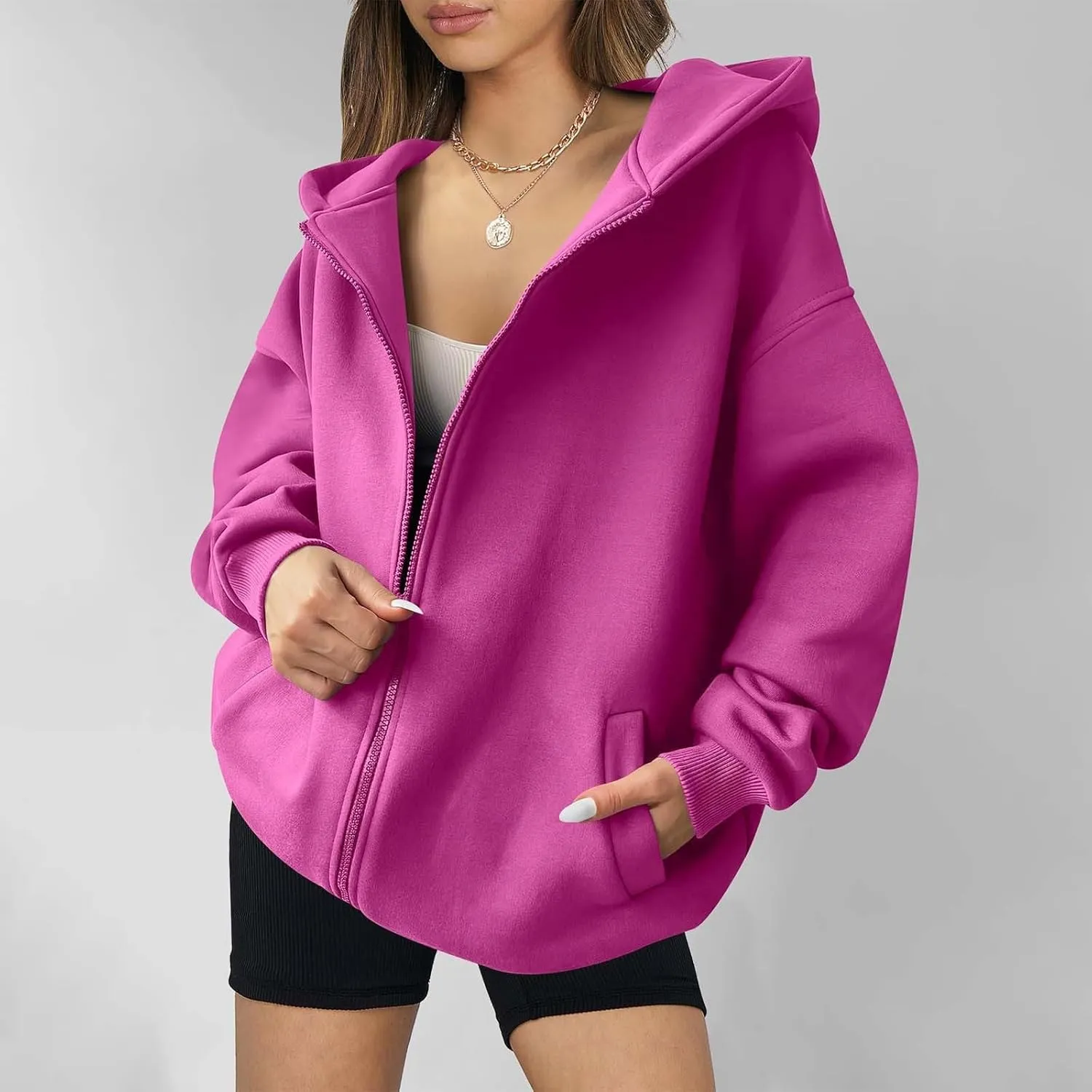 Women's Full Zip Up Sweatshirt Oversized Hooded Jacket Trendy Fleece Lined Hoodies Lightweight Gym Coats with Pockets