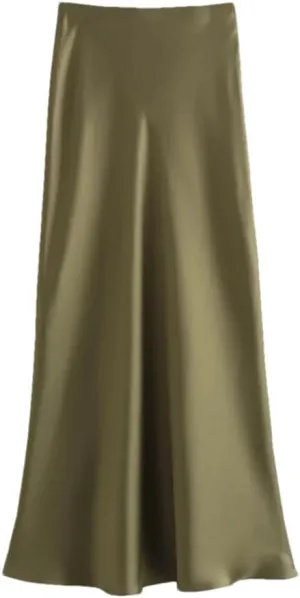 Women's High - Waist A - Line Satin Midi Long Skirt Elegant Slim with Elastic Waist for Casual Wear