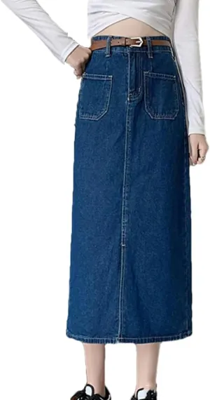 Women's High Waisted 4 Big Pockets Denim Skirt with Slit Solid Color Casual A-Line Midi Skirts