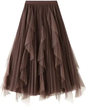 Women's High Waisted Ruffle Patchwork Gauze Skirt Mid-Length Pleated A-Line Midi Skirt