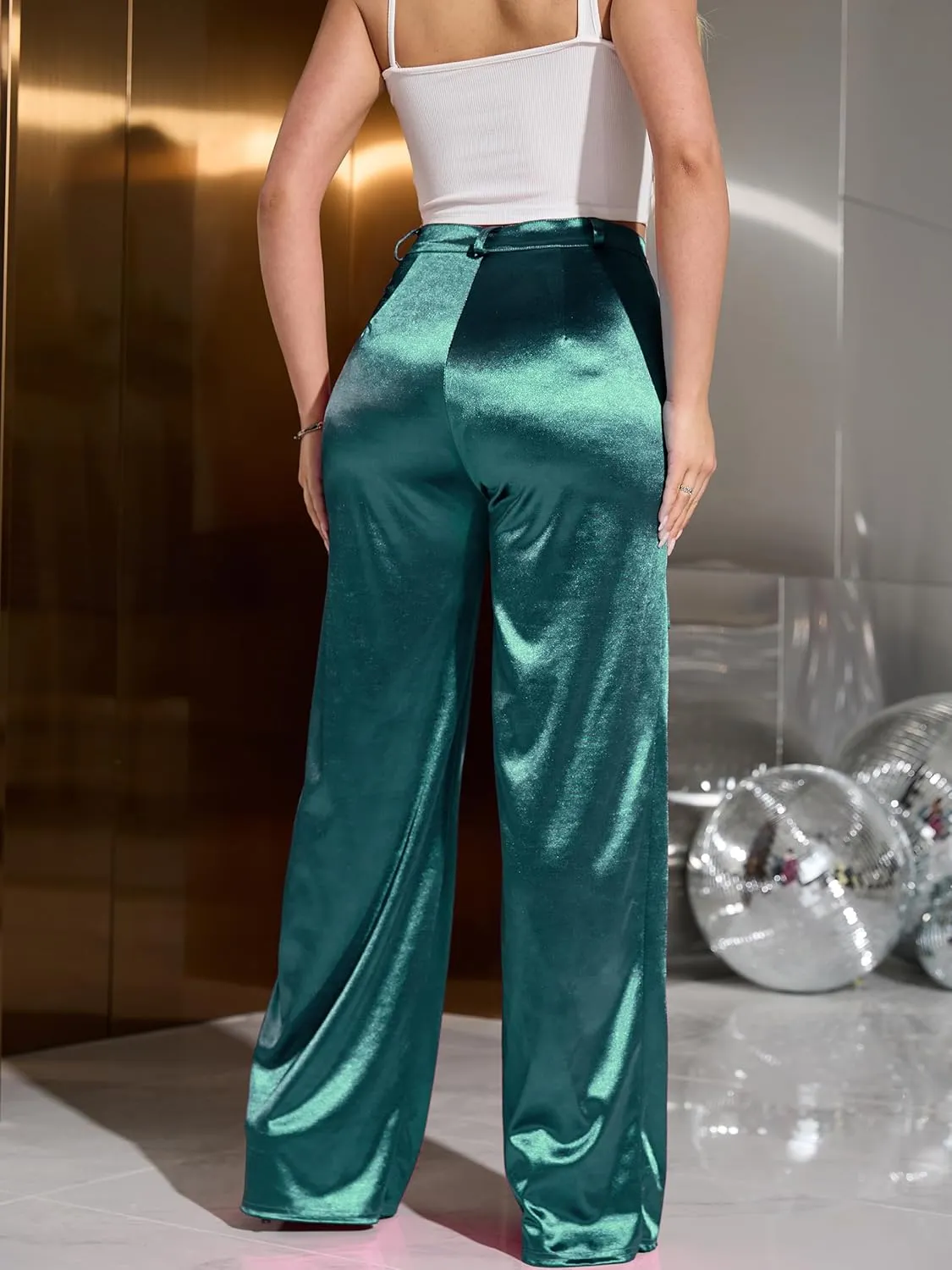 Womens High Waisted Satin Cargo Pants Loose Fit Wide Leg Trousers with Pockets Trendy Outfit