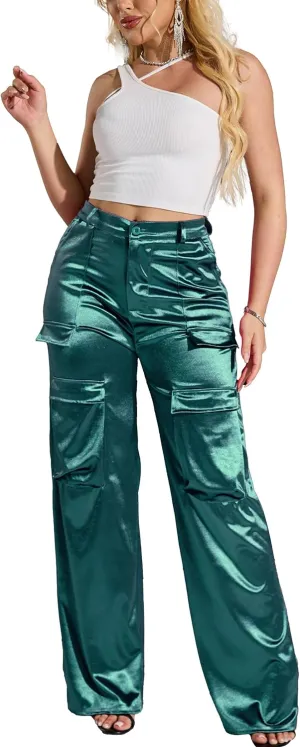 Womens High Waisted Satin Cargo Pants Loose Fit Wide Leg Trousers with Pockets Trendy Outfit