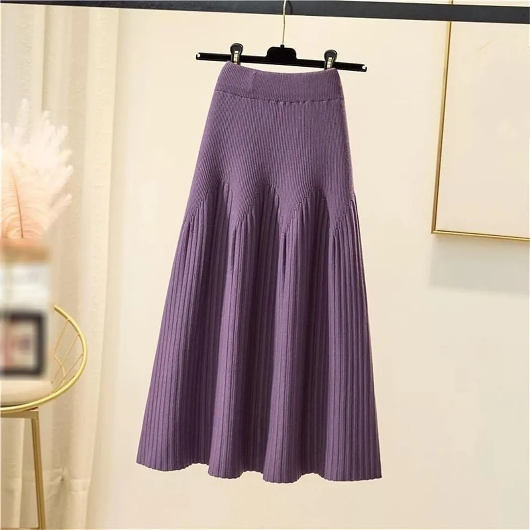 Women's Knitted Midi Skirts Solid Pleated A-Line High Waist Slim Fit Autumn Winter