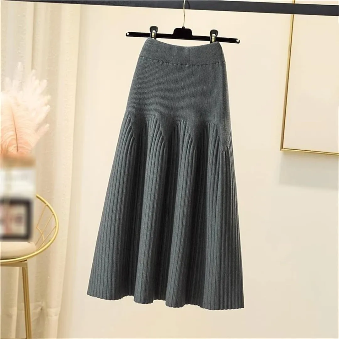 Women's Knitted Midi Skirts Solid Pleated A-Line High Waist Slim Fit Autumn Winter