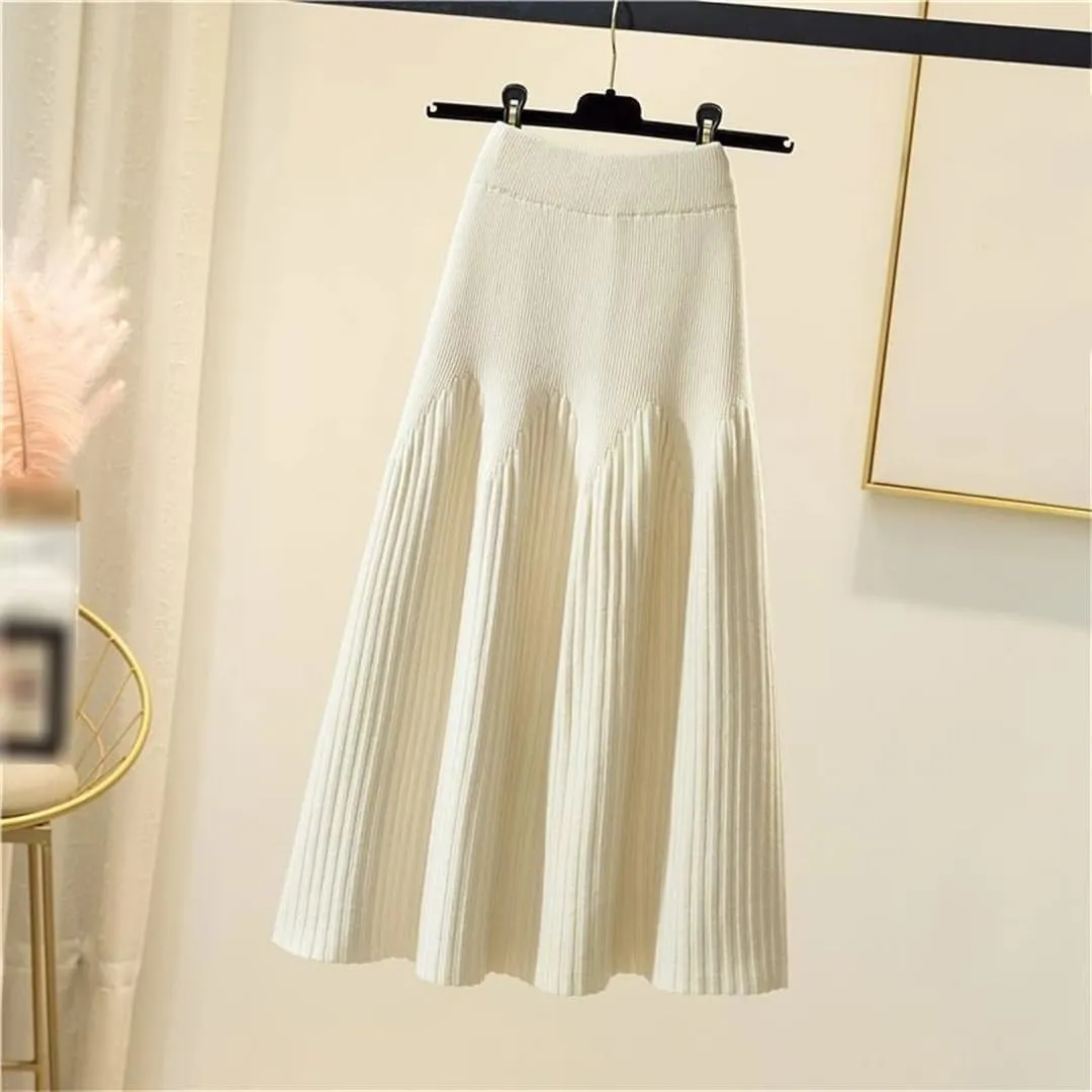 Women's Knitted Midi Skirts Solid Pleated A-Line High Waist Slim Fit Autumn Winter