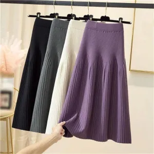 Women's Knitted Midi Skirts Solid Pleated A-Line High Waist Slim Fit Autumn Winter