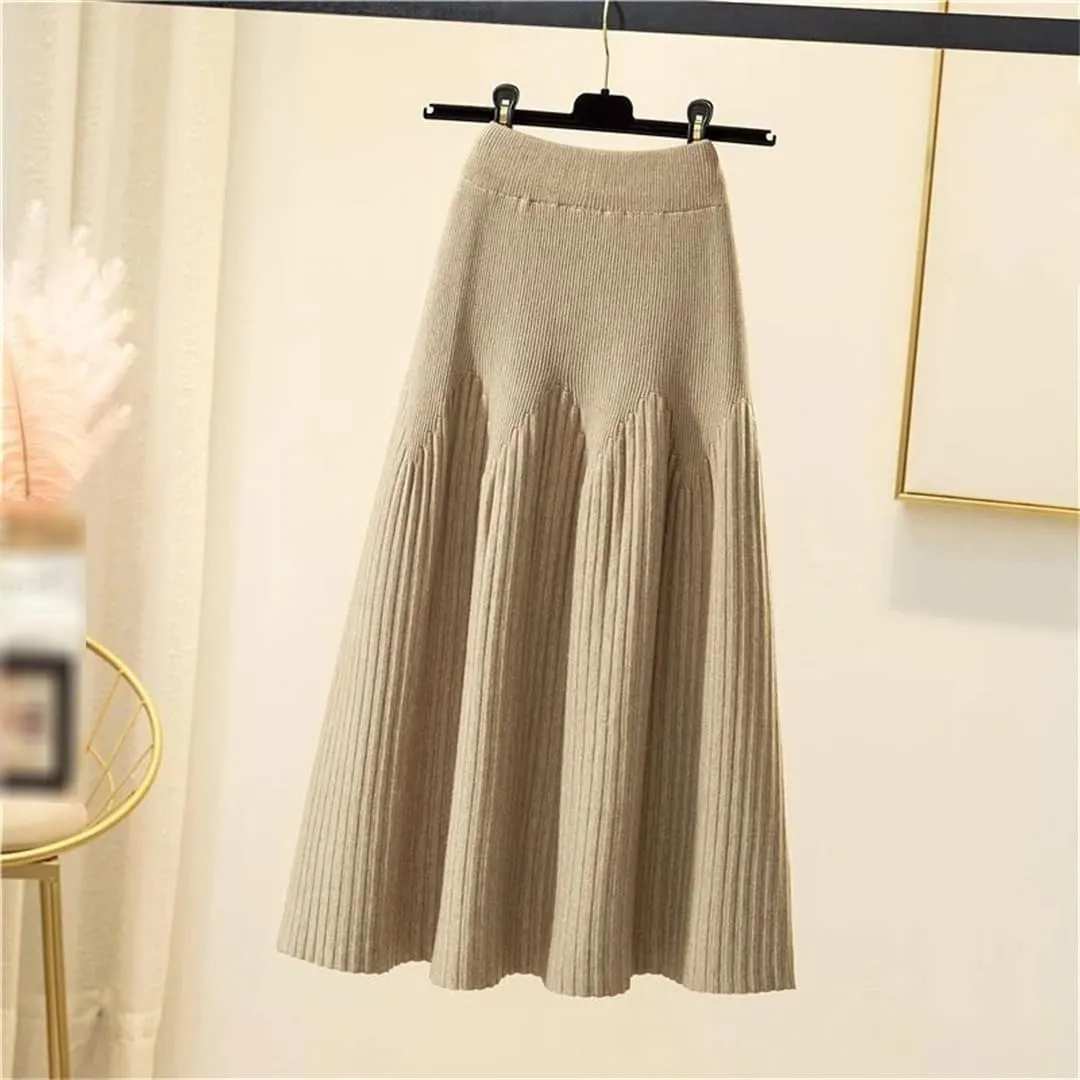 Women's Knitted Midi Skirts Solid Pleated A-Line High Waist Slim Fit Autumn Winter