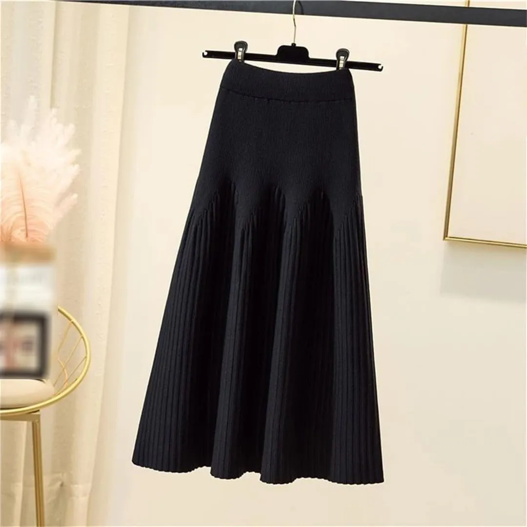 Women's Knitted Midi Skirts Solid Pleated A-Line High Waist Slim Fit Autumn Winter