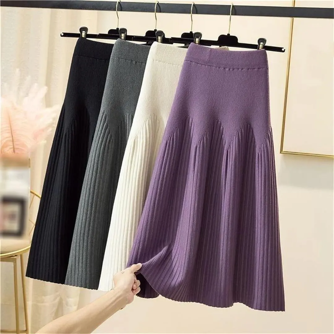Women's Knitted Midi Skirts Solid Pleated A-Line High Waist Slim Fit Autumn Winter