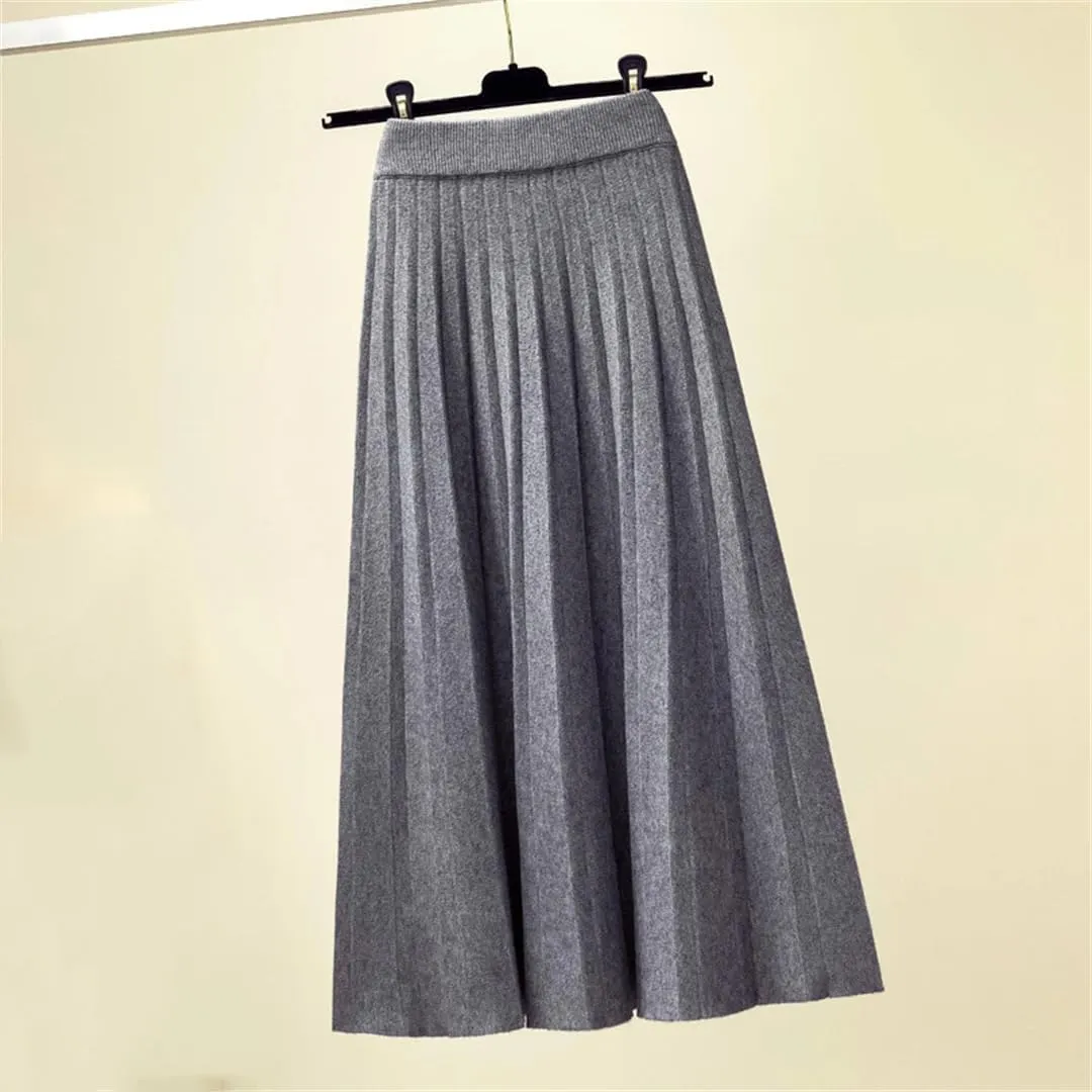 Women's Knitted Pleated Midi Skirt Solid Color High Waist Loose Fit for Spring Autumn Winter