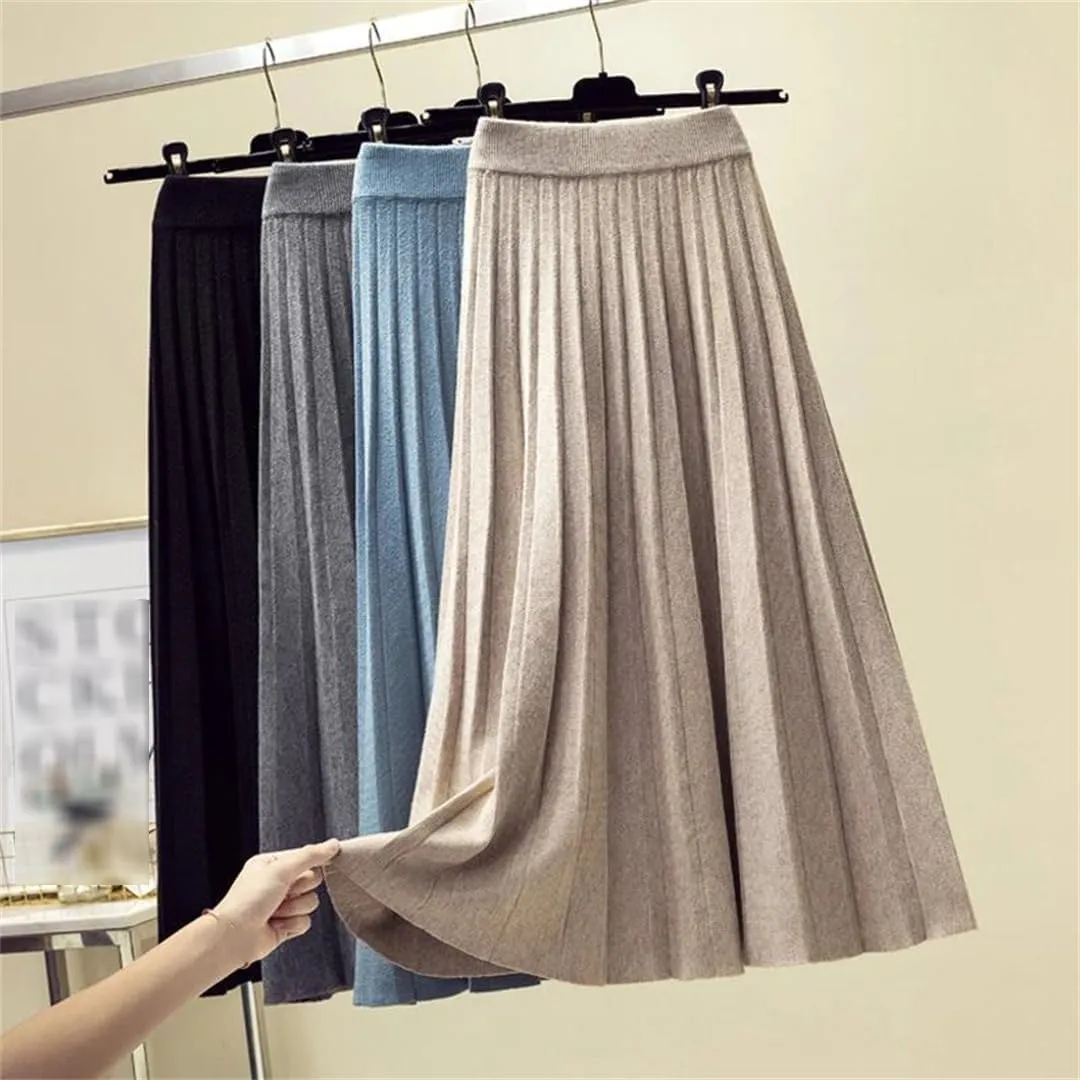 Women's Knitted Pleated Midi Skirt Solid Color High Waist Loose Fit for Spring Autumn Winter