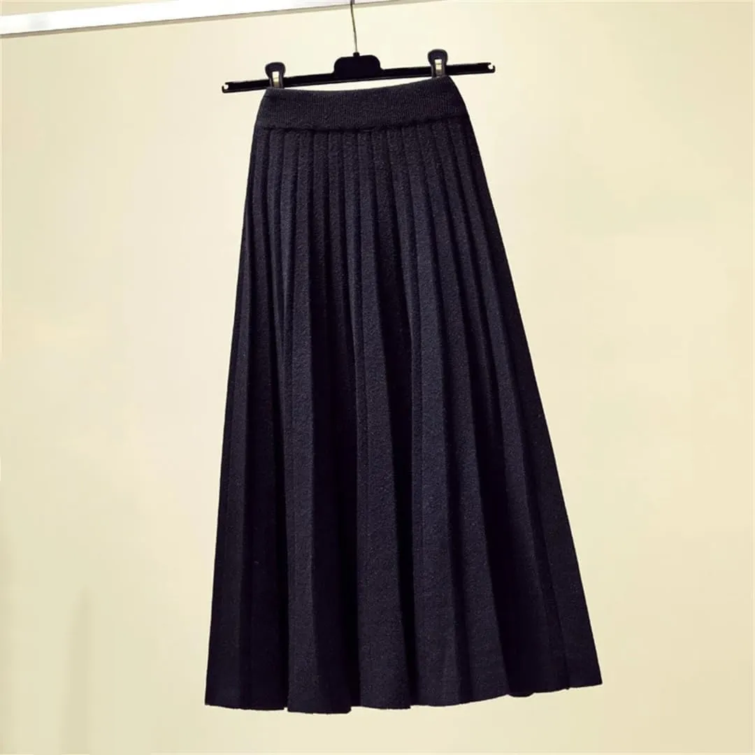 Women's Knitted Pleated Midi Skirt Solid Color High Waist Loose Fit for Spring Autumn Winter