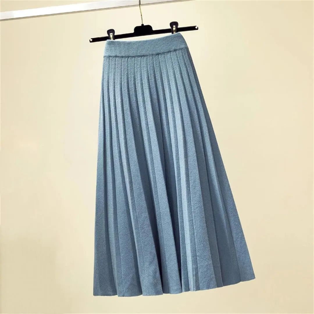 Women's Knitted Pleated Midi Skirt Solid Color High Waist Loose Fit for Spring Autumn Winter