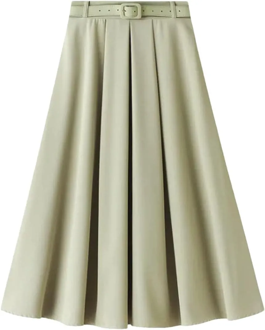 Women's Korean Style Spring High Waist A - Line Midi Skirt with Belt Elegant Long Skirt for Women